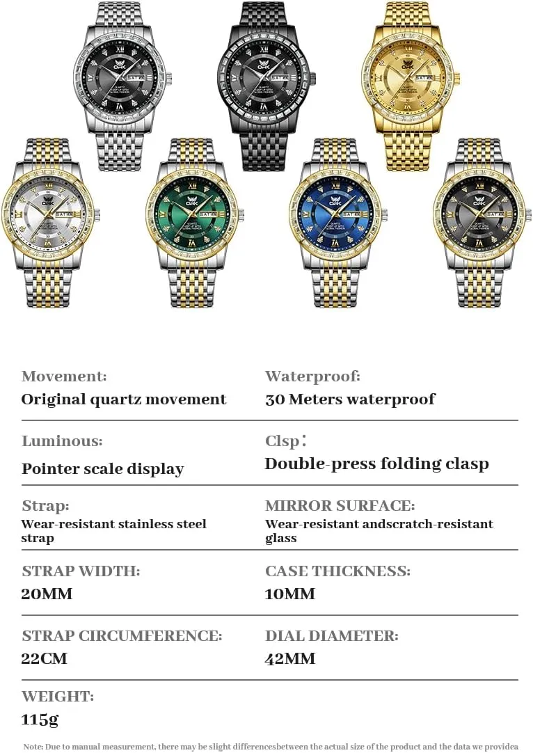 OPK Mens Watch Simple Fashion Diamonds Stainless Steel Analog Men Wrist Watch Diamond Large Dial Waterproof Date Casual Watch for Man