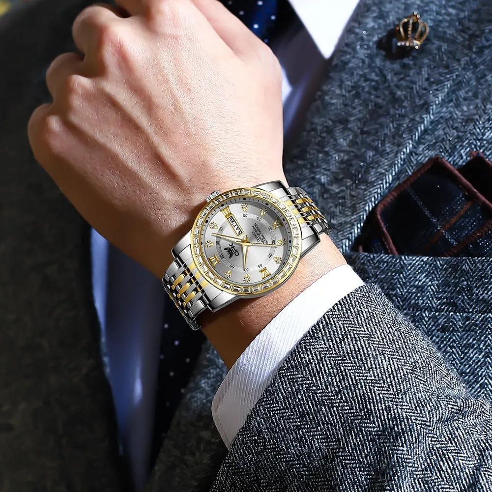 OPK Mens Watch Simple Fashion Diamonds Stainless Steel Analog Men Wrist Watch Diamond Large Dial Waterproof Date Casual Watch for Man