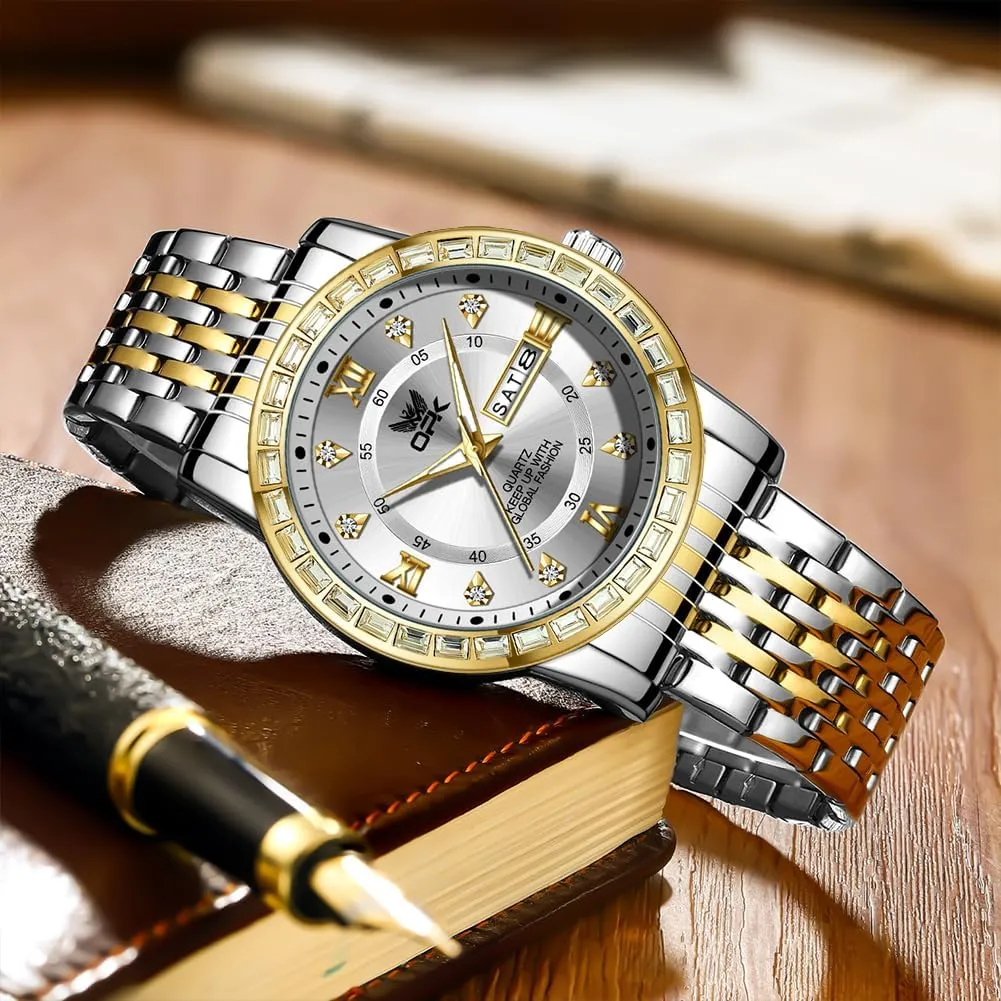 OPK Mens Watch Simple Fashion Diamonds Stainless Steel Analog Men Wrist Watch Diamond Large Dial Waterproof Date Casual Watch for Man