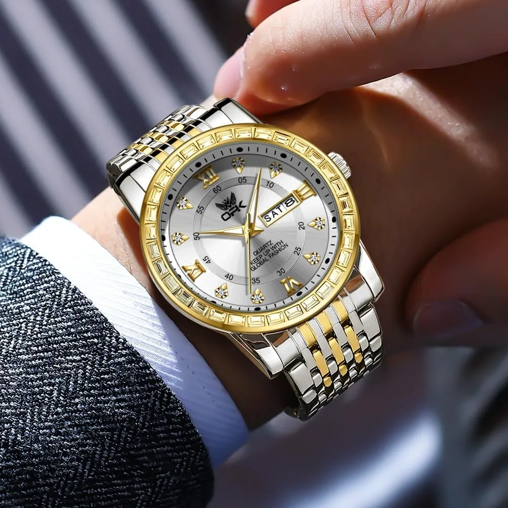 OPK Mens Watch Simple Fashion Diamonds Stainless Steel Analog Men Wrist Watch Diamond Large Dial Waterproof Date Casual Watch for Man