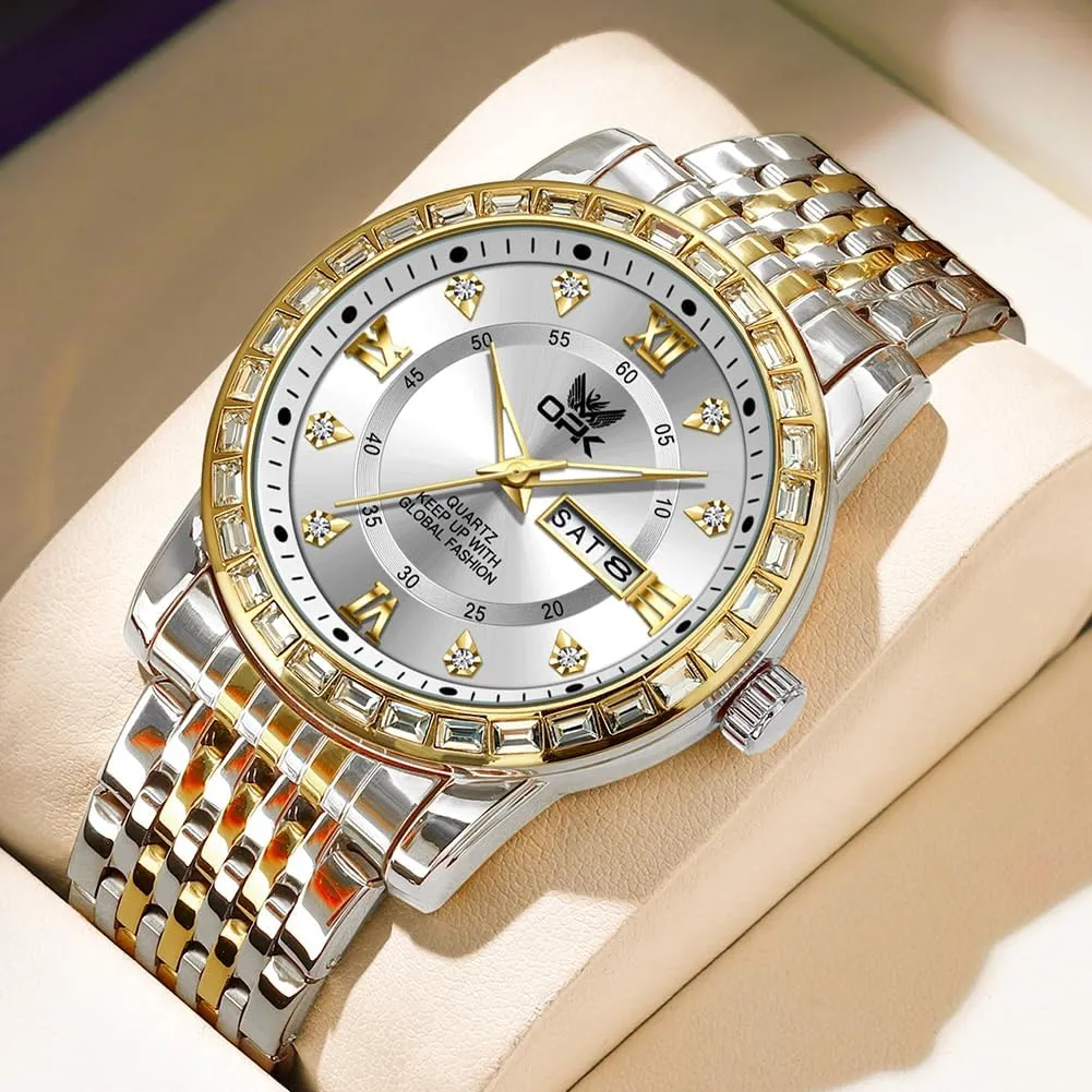 OPK Mens Watch Simple Fashion Diamonds Stainless Steel Analog Men Wrist Watch Diamond Large Dial Waterproof Date Casual Watch for Man