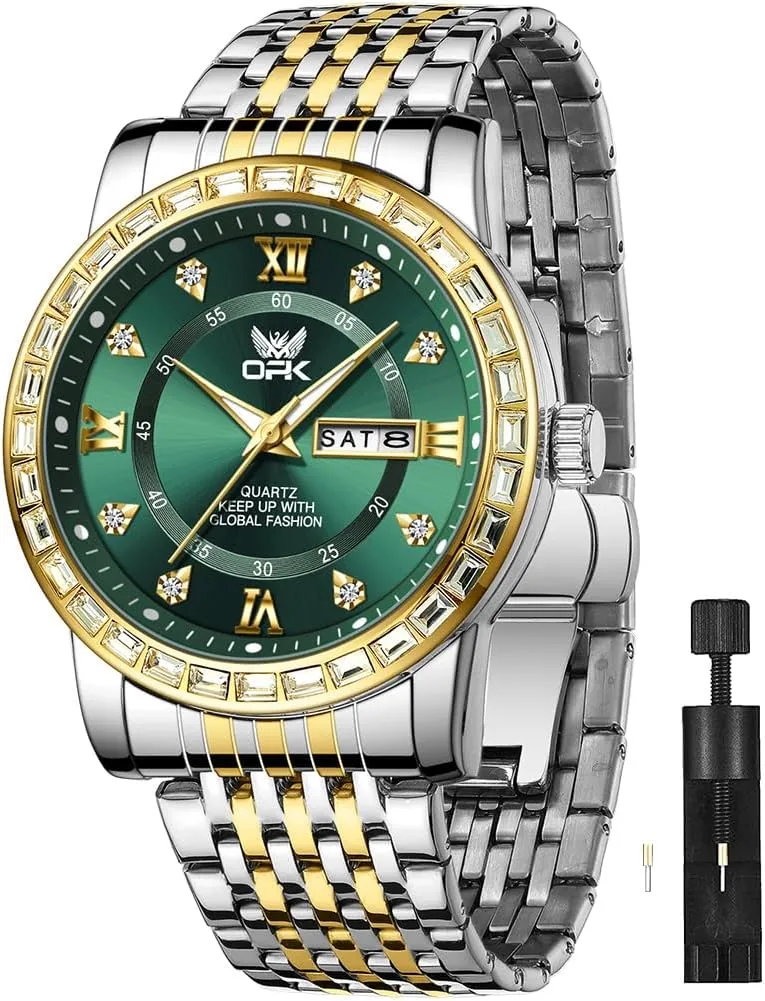 OPK Mens Watch Simple Fashion Diamonds Stainless Steel Analog Men Wrist Watch Diamond Large Dial Waterproof Date Casual Watch for Man