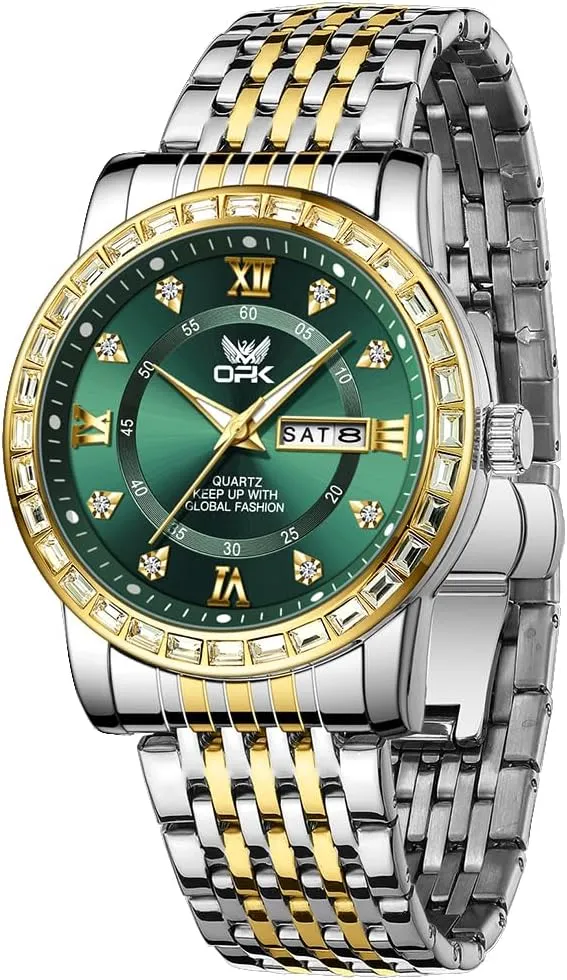 OPK Mens Watch Simple Fashion Diamonds Stainless Steel Analog Men Wrist Watch Diamond Large Dial Waterproof Date Casual Watch for Man