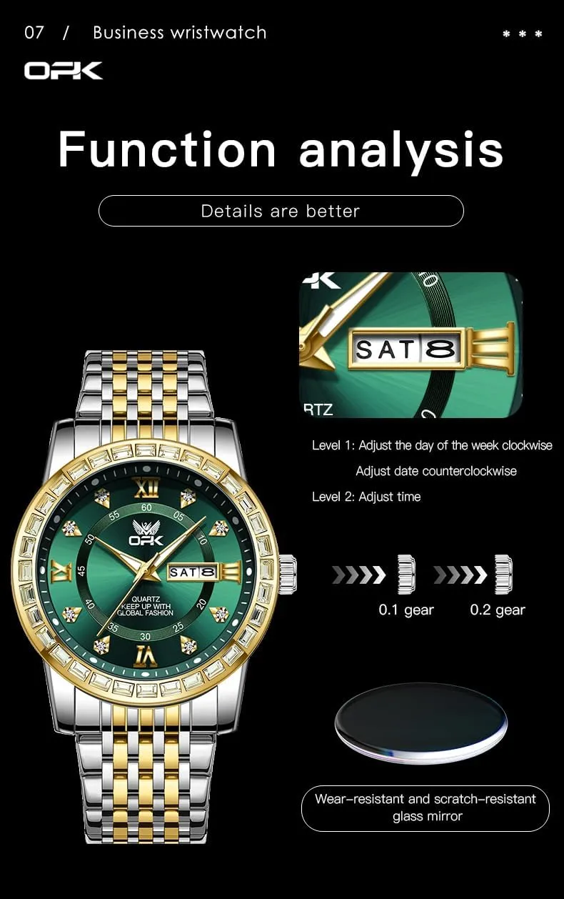 OPK Mens Watch Simple Fashion Diamonds Stainless Steel Analog Men Wrist Watch Diamond Large Dial Waterproof Date Casual Watch for Man