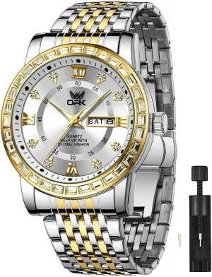 OPK Mens Watch Simple Fashion Diamonds Stainless Steel Analog Men Wrist Watch Diamond Large Dial Waterproof Date Casual Watch for Man