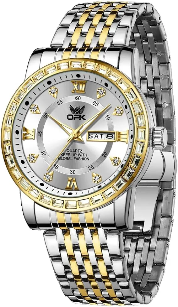 OPK Mens Watch Simple Fashion Diamonds Stainless Steel Analog Men Wrist Watch Diamond Large Dial Waterproof Date Casual Watch for Man