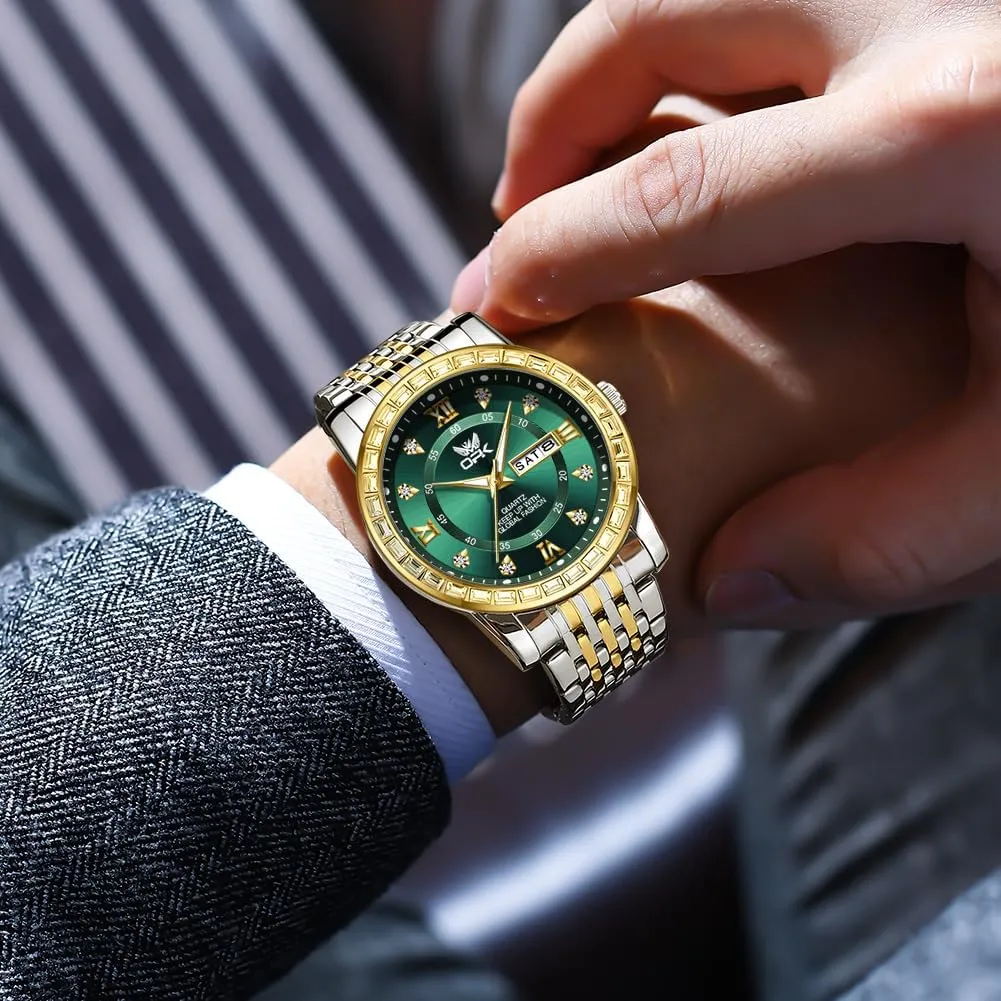 OPK Mens Watch Simple Fashion Diamonds Stainless Steel Analog Men Wrist Watch Diamond Large Dial Waterproof Date Casual Watch for Man