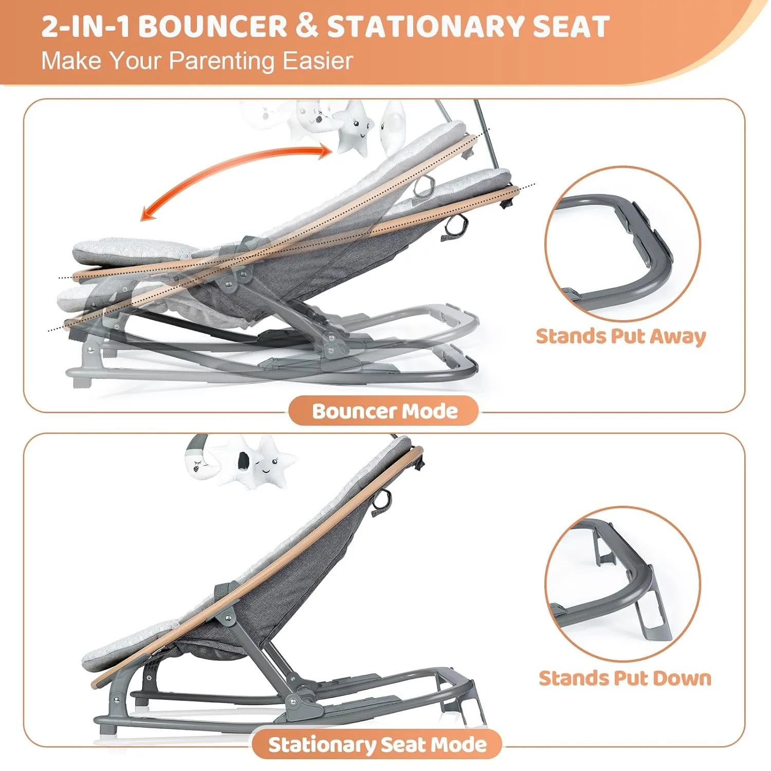Orzbow 2-in-1 Baby Bouncer, Portable Bouncer Seat for Infant to Toddler with Removable Cushion, Angle Adjustable, 0-9 Months Up to 21lbs, Ergonomic Design, Classic Gray