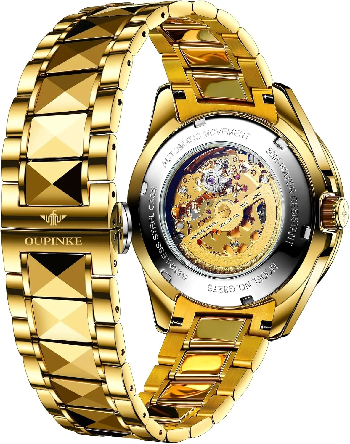 OUPINKE Men Watch Automatic Mechanical Hollow Dragon Watch Luxury Formal Gold Diamond 50M Waterproof Tungsten Steel Luminous Watch