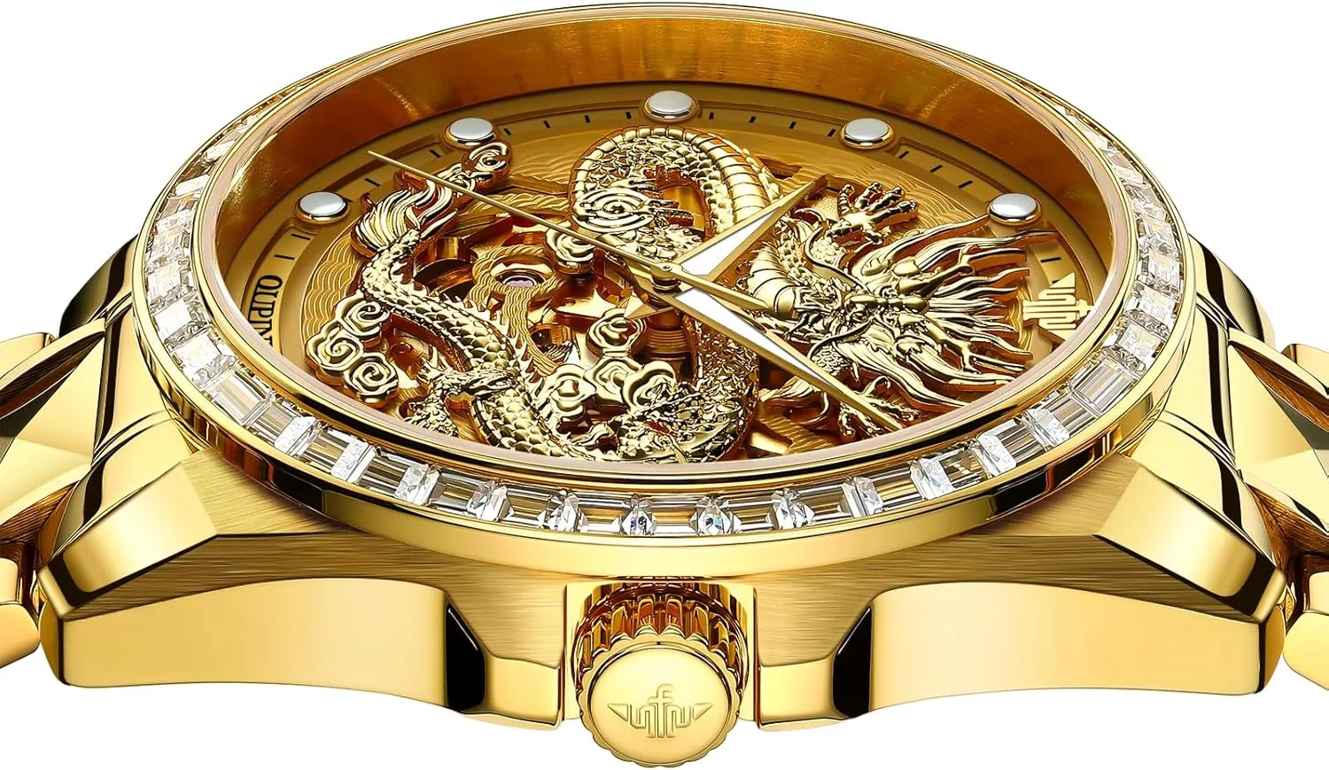 OUPINKE Men Watch Automatic Mechanical Hollow Dragon Watch Luxury Formal Gold Diamond 50M Waterproof Tungsten Steel Luminous Watch