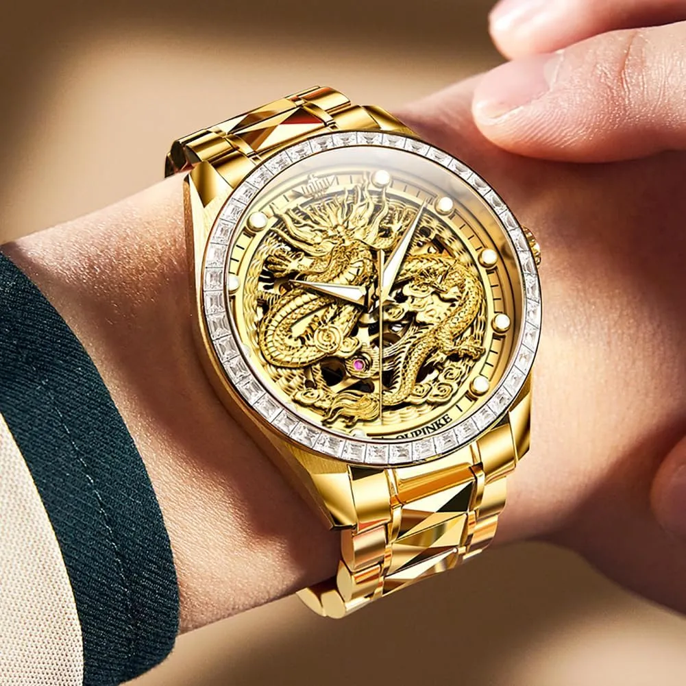 OUPINKE Men Watch Automatic Mechanical Hollow Dragon Watch Luxury Formal Gold Diamond 50M Waterproof Tungsten Steel Luminous Watch