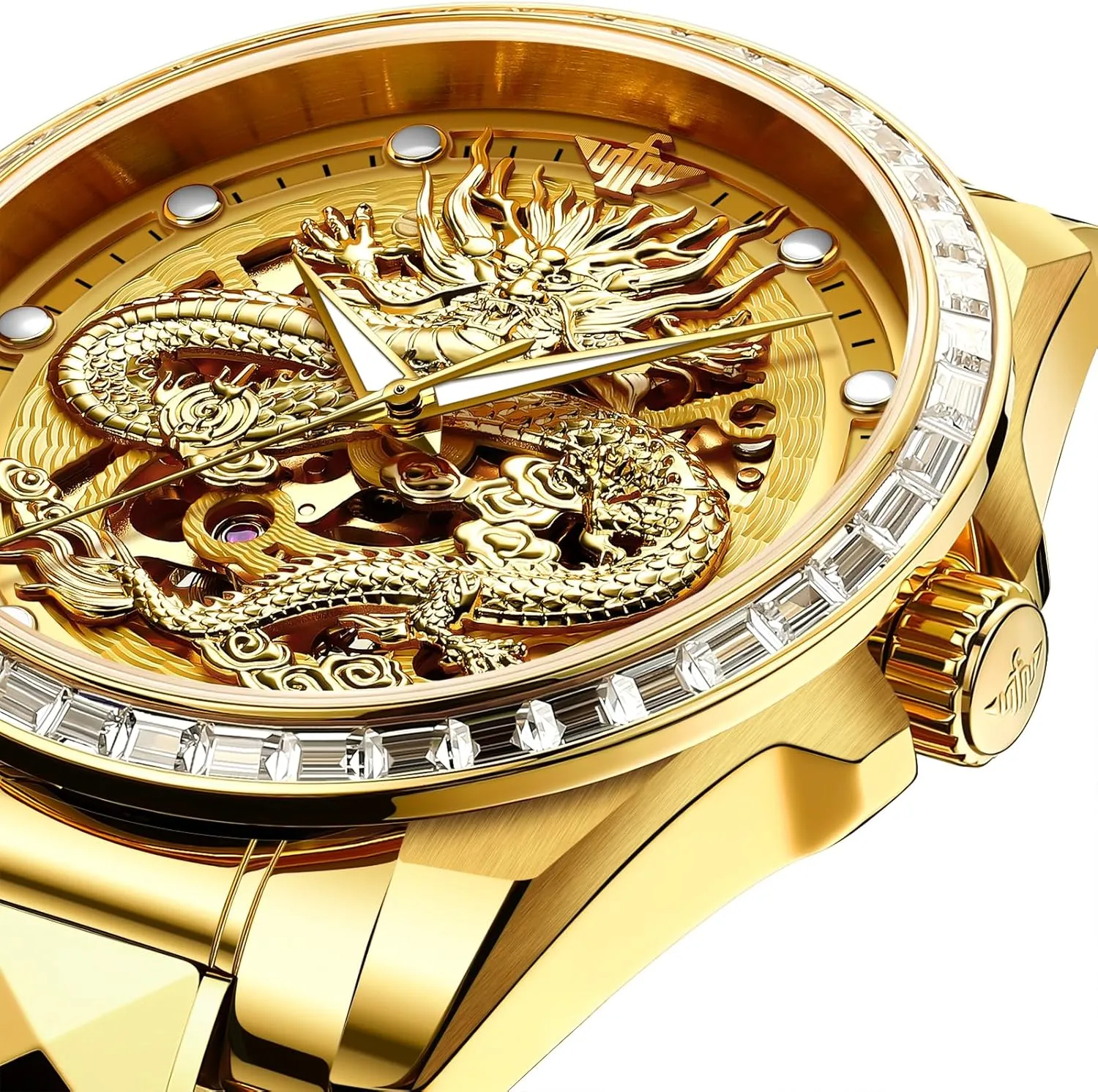 OUPINKE Men Watch Automatic Mechanical Hollow Dragon Watch Luxury Formal Gold Diamond 50M Waterproof Tungsten Steel Luminous Watch