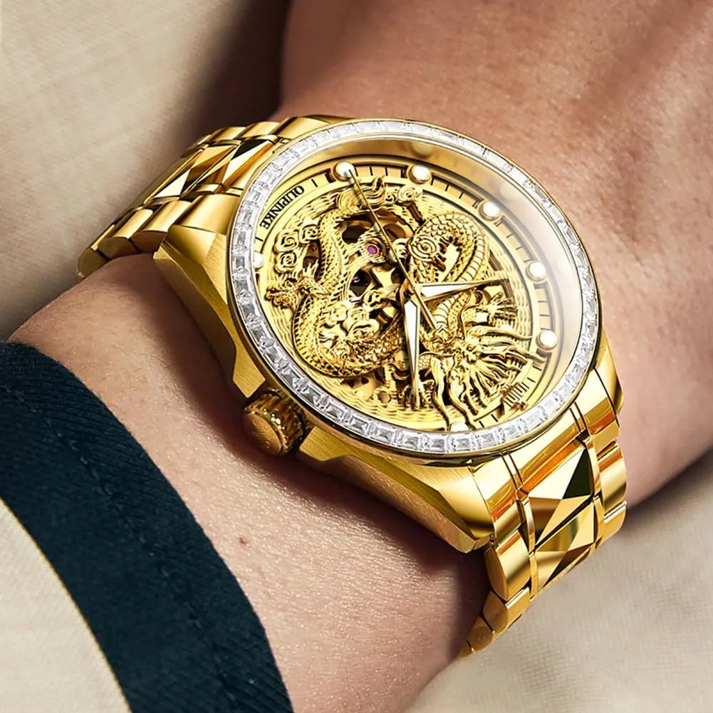 OUPINKE Men Watch Automatic Mechanical Hollow Dragon Watch Luxury Formal Gold Diamond 50M Waterproof Tungsten Steel Luminous Watch