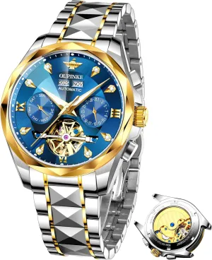 OUPINKE Men’s Watches Automatic Self-Winding Luxury Diamond Mirror Skeleton Mechanical Watch Date Dress Business Tungsten Steel Waterproof Luminous Wrist Watches for Men