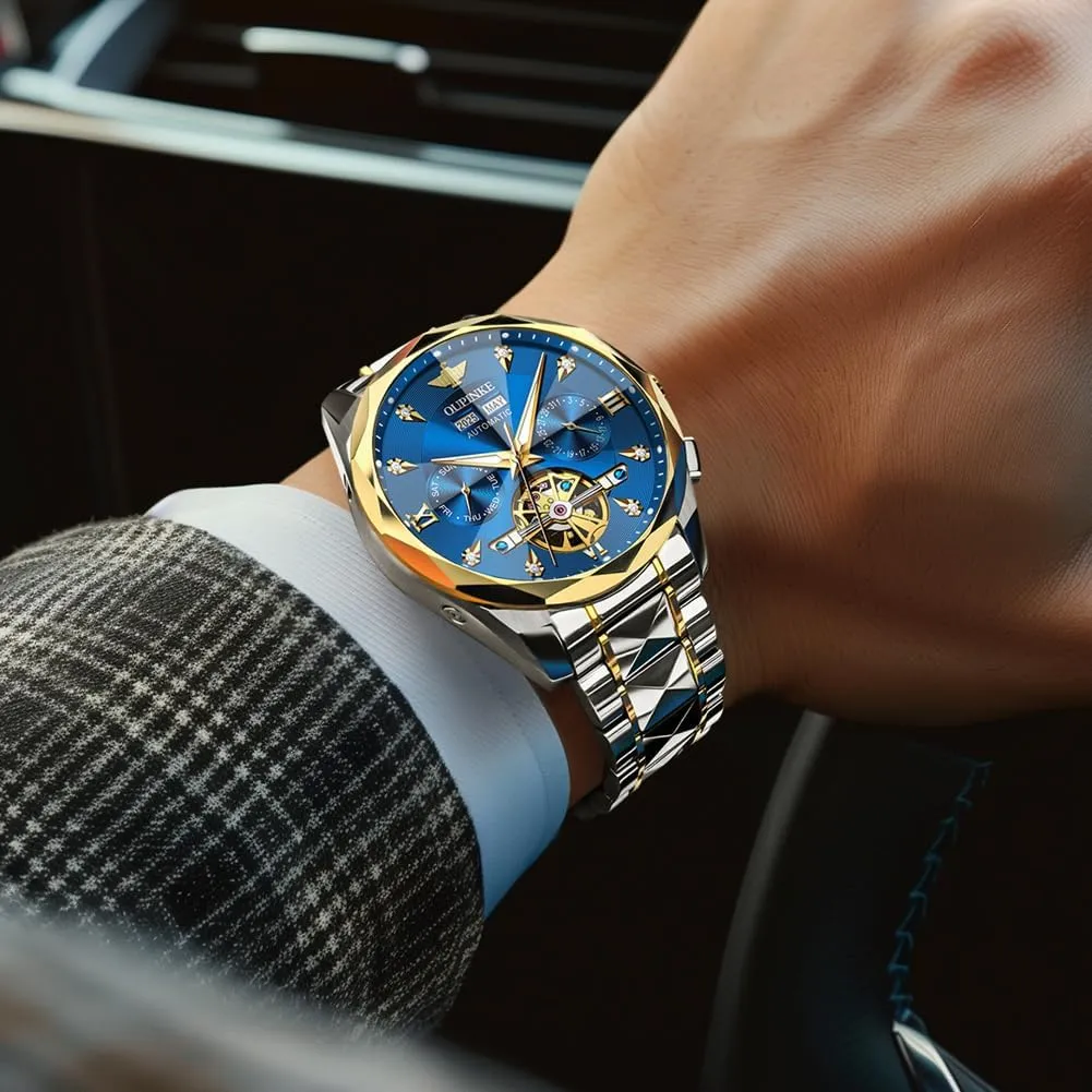 OUPINKE Men’s Watches Automatic Self-Winding Luxury Diamond Mirror Skeleton Mechanical Watch Date Dress Business Tungsten Steel Waterproof Luminous Wrist Watches for Men