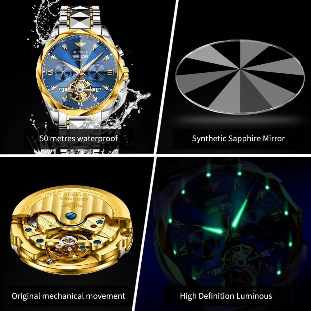 OUPINKE Men’s Watches Automatic Self-Winding Luxury Diamond Mirror Skeleton Mechanical Watch Date Dress Business Tungsten Steel Waterproof Luminous Wrist Watches for Men