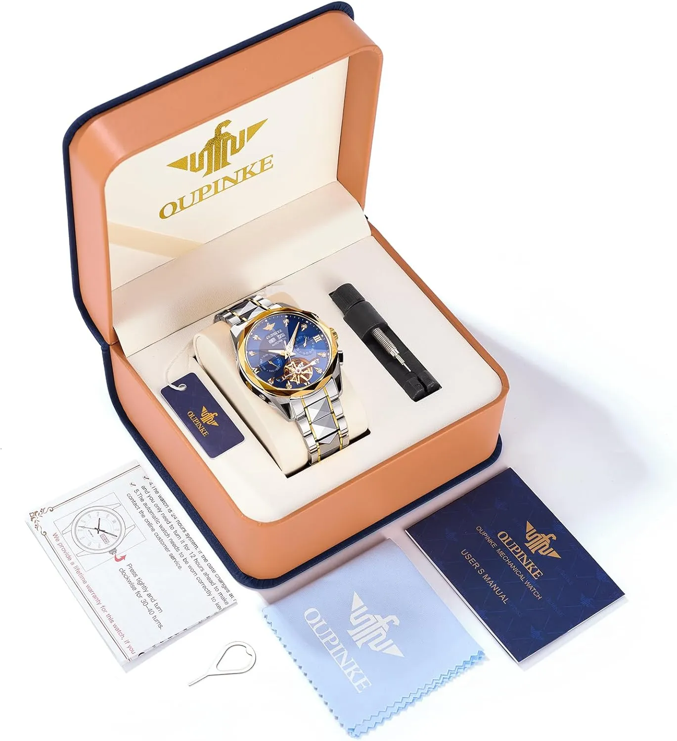 OUPINKE Men’s Watches Automatic Self-Winding Luxury Diamond Mirror Skeleton Mechanical Watch Date Dress Business Tungsten Steel Waterproof Luminous Wrist Watches for Men