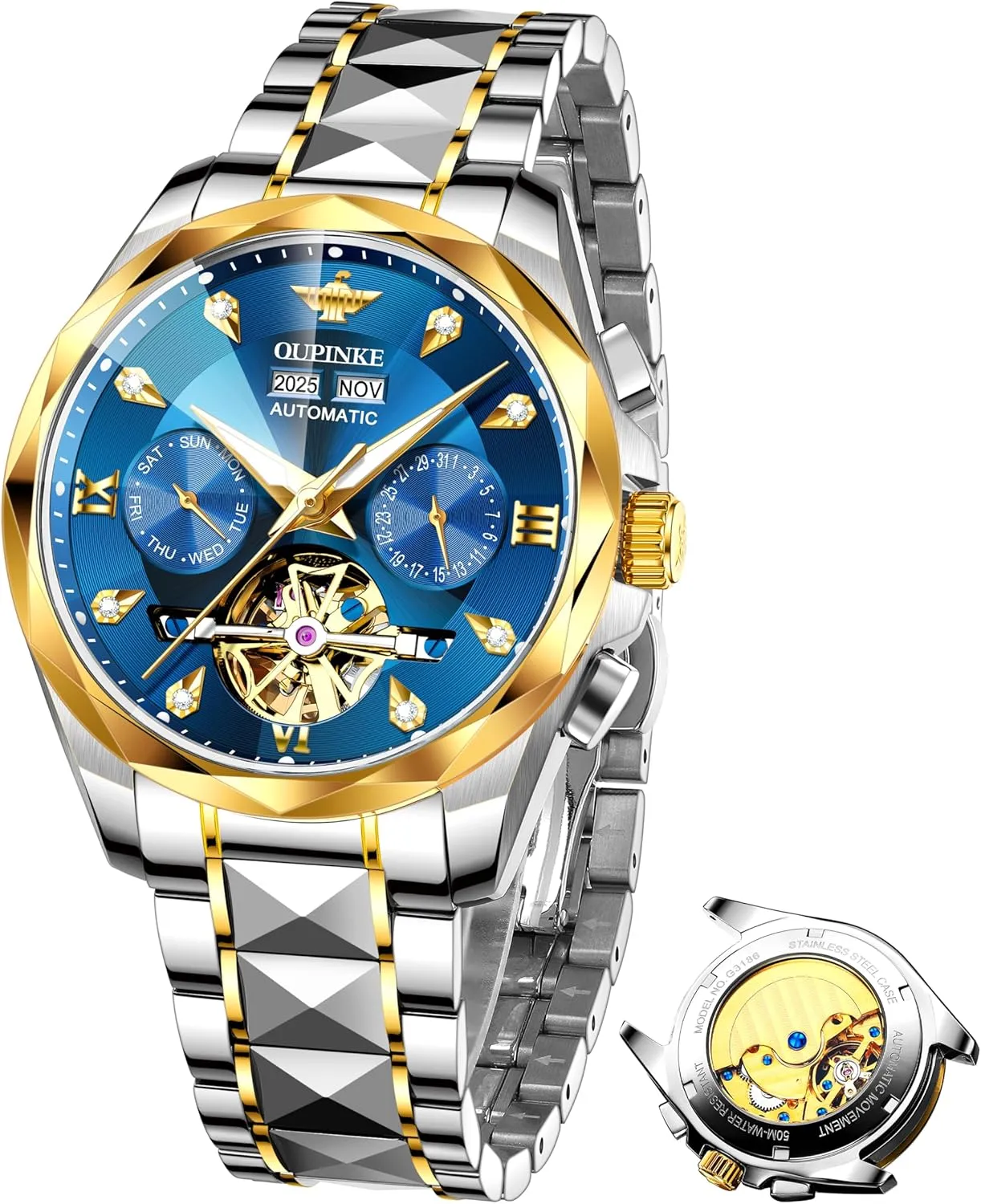 OUPINKE Men’s Watches Automatic Self-Winding Luxury Diamond Mirror Skeleton Mechanical Watch Date Dress Business Tungsten Steel Waterproof Luminous Wrist Watches for Men