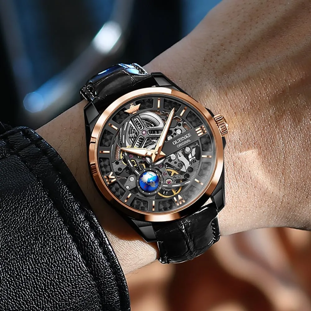 OUPINKE Skeleton Mens Automatic Watches Mechanical Luxury Dress Leather Self Winding Waterproof 50M/5ATM Luminous Watches for Men
