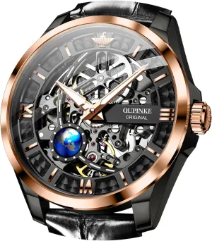 OUPINKE Skeleton Mens Automatic Watches Mechanical Luxury Dress Leather Self Winding Waterproof 50M/5ATM Luminous Watches for Men