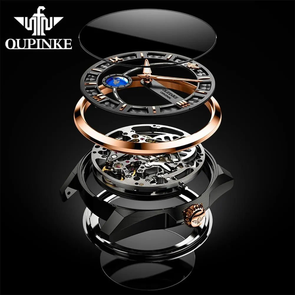 OUPINKE Skeleton Mens Automatic Watches Mechanical Luxury Dress Leather Self Winding Waterproof 50M/5ATM Luminous Watches for Men