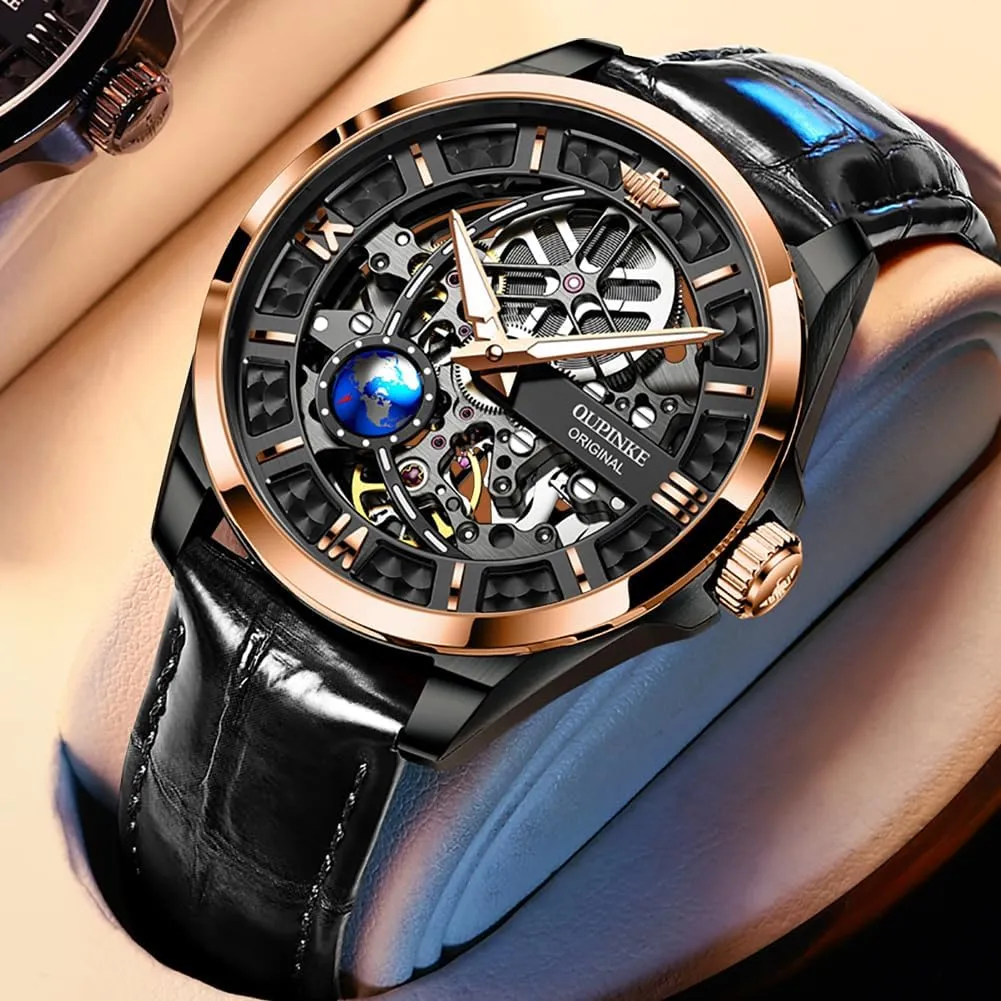 OUPINKE Skeleton Mens Automatic Watches Mechanical Luxury Dress Leather Self Winding Waterproof 50M/5ATM Luminous Watches for Men