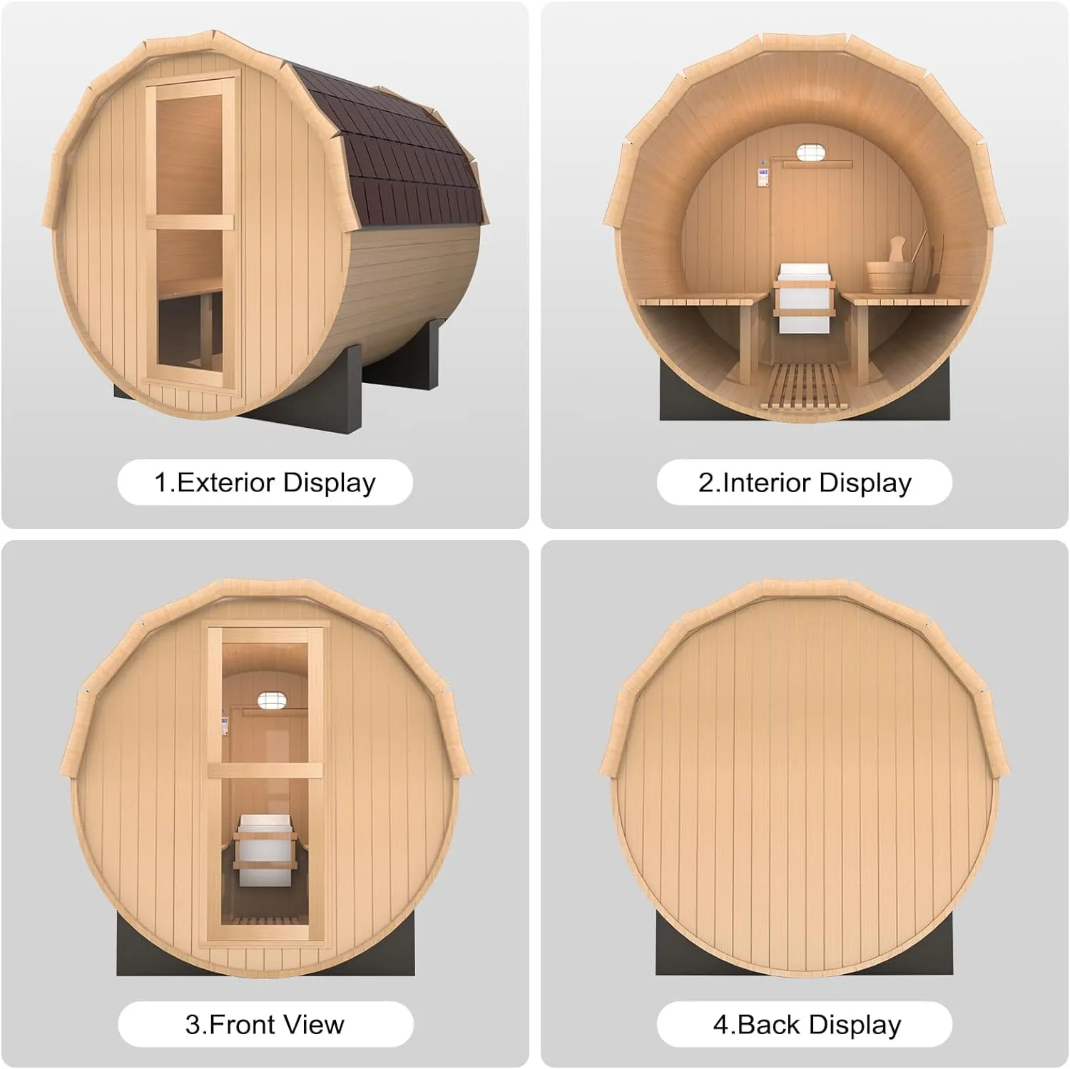 Outdoor Barrel Steam Sauna, 4-6 Person Wood Sauna Room with 220V，6kw Harvia Sauna Heater with Sauna Stone, Canadian Helmock Wooden Sauna, Sauna Accessories and Asphalt Shingle Roof (Helmock)