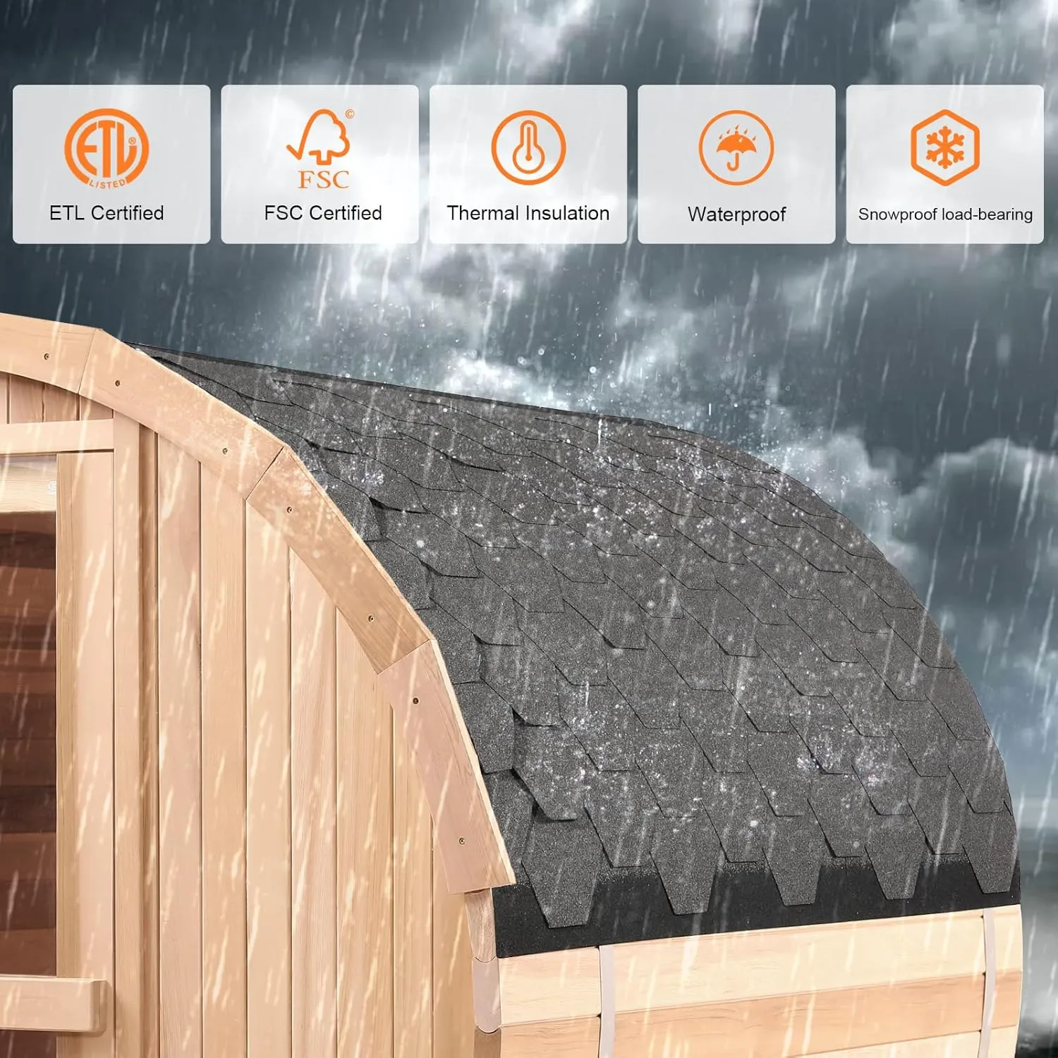 Outdoor Barrel Steam Sauna, 4-6 Person Wood Sauna Room with 220V，6kw Harvia Sauna Heater with Sauna Stone, Canadian Helmock Wooden Sauna, Sauna Accessories and Asphalt Shingle Roof (Helmock)