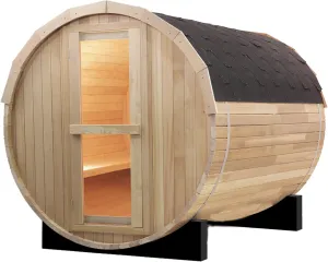 Outdoor Barrel Steam Sauna, 4-6 Person Wood Sauna Room with 220V，6kw Harvia Sauna Heater with Sauna Stone, Canadian Helmock Wooden Sauna, Sauna Accessories and Asphalt Shingle Roof (Helmock)