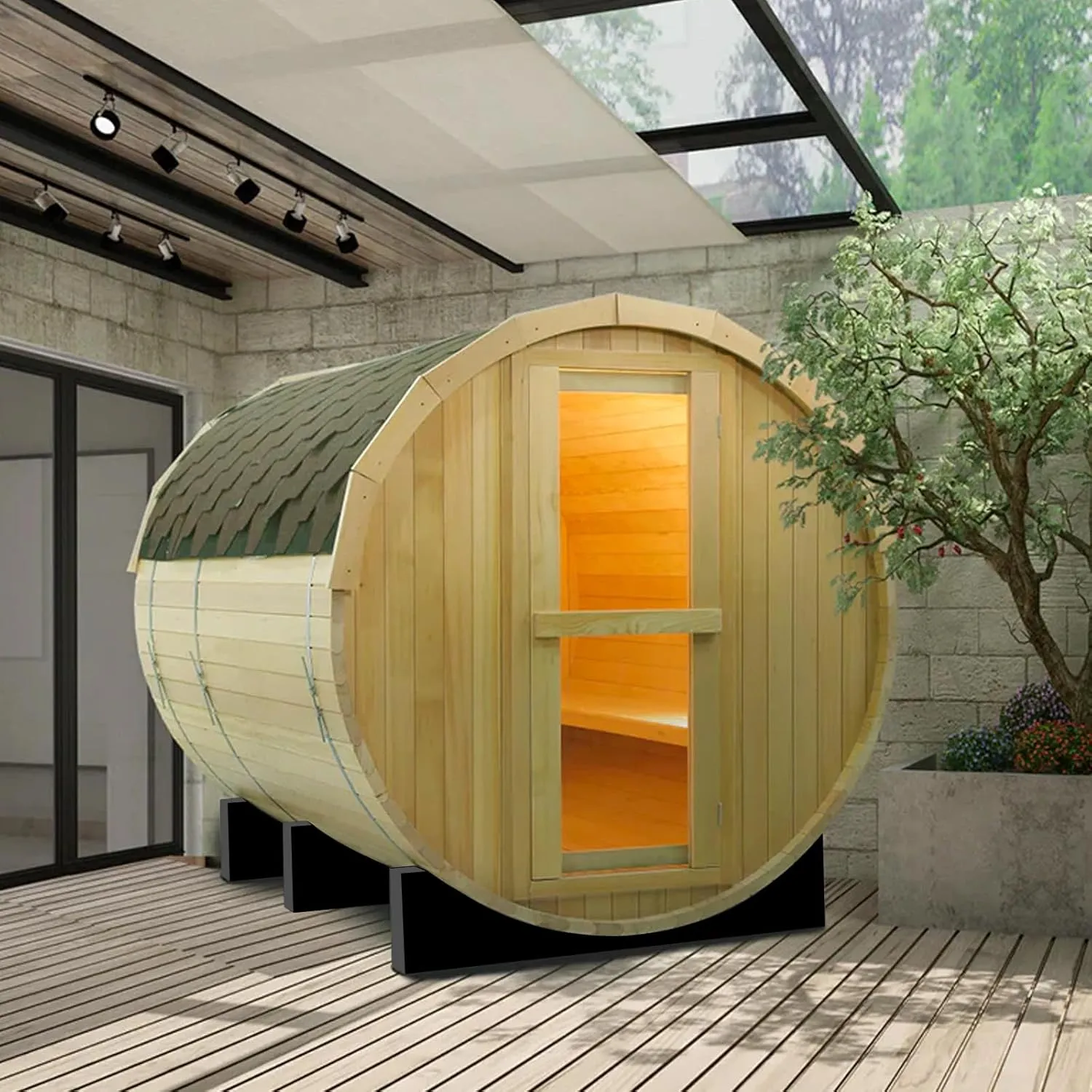 Outdoor Barrel Steam Sauna, 4-6 Person Wood Sauna Room with 220V，6kw Harvia Sauna Heater with Sauna Stone, Canadian Helmock Wooden Sauna, Sauna Accessories and Asphalt Shingle Roof (Helmock)
