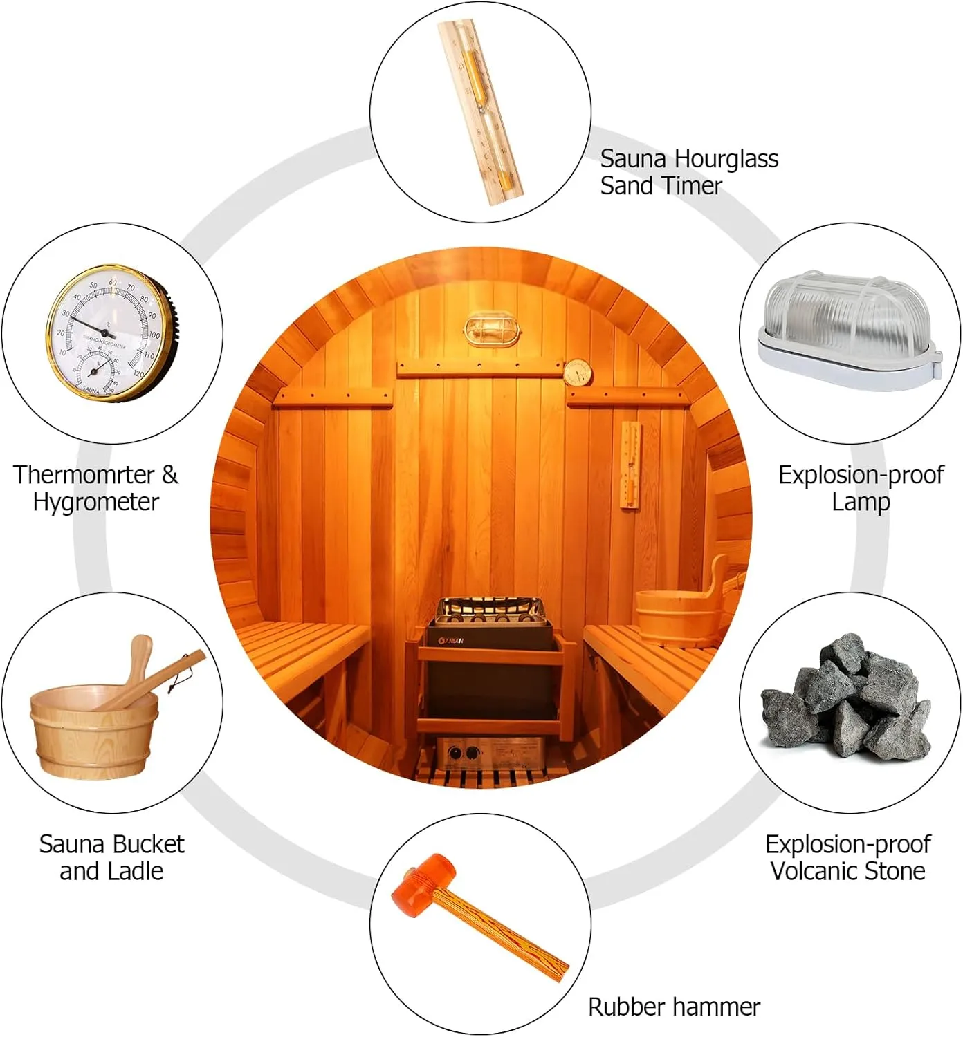 Outdoor Barrel Steam Sauna, 4-6 Person Wood Sauna Room with 220V，6kw Harvia Sauna Heater with Sauna Stone, Canadian Helmock Wooden Sauna, Sauna Accessories and Asphalt Shingle Roof (Helmock)