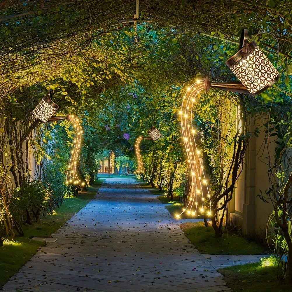 Outdoor Solar Watering Can Light Star Shower Garden Art LED String Light Pathway Patio Hanging Lantern Kettle Decorative Lamp
