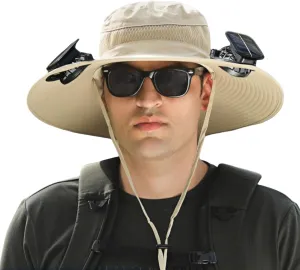 Outdoor Wide Brim Sun Hat with Solar Fan-Fishing Hat with 2 Solar Powered Fan, Solar Powered Fan Hat for Outdoor
