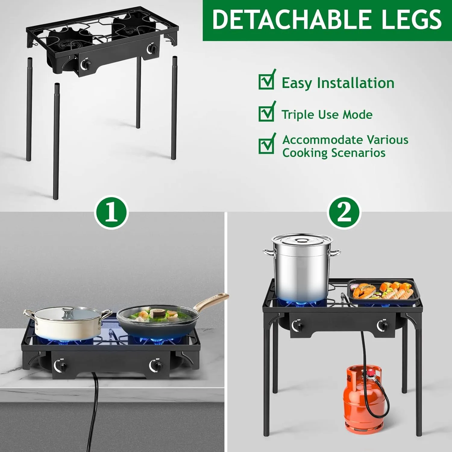 Outvita 2 Burner Propane Gas Stove for Outdoor Cooking, 150,000 BTU Camping Cooker with Removable Legs, Temperature Control Knobs for Backyard Cooking, BBQ, Baking and Frying