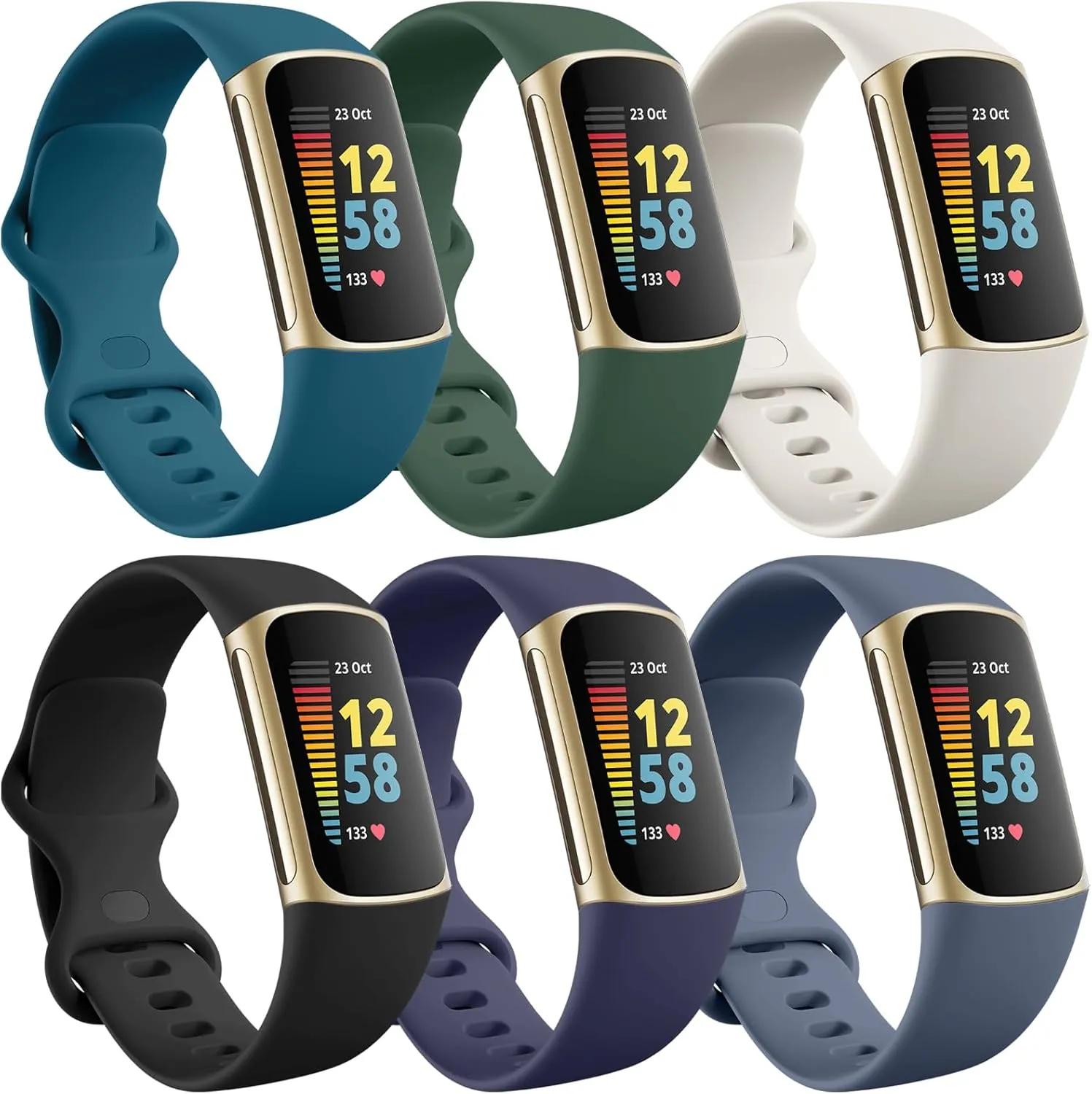 Ouwegaga Compatible with Fitbit Charge 6/Charge 5 Bands, Soft Waterproof Sport Replacement Wristbands, 6 Pack Large