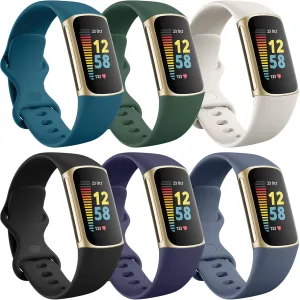 Ouwegaga Compatible with Fitbit Charge 6/Charge 5 Bands, Soft Waterproof Sport Replacement Wristbands, 6 Pack Large