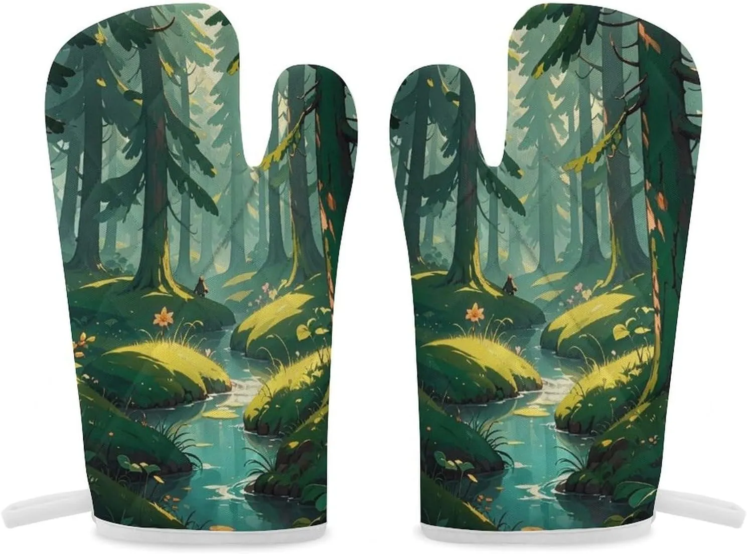 Oven Glove Enchanted Wilderness Fantasy on Dark Green Oven Mitt Sets of 2 Heat Resistant Gloves Non-Slip Cooking Gloves for Baking Grilling BBQ Kitchen Glove