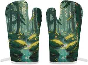 Oven Glove Enchanted Wilderness Fantasy on Dark Green Oven Mitt Sets of 2 Heat Resistant Gloves Non-Slip Cooking Gloves for Baking Grilling BBQ Kitchen Glove