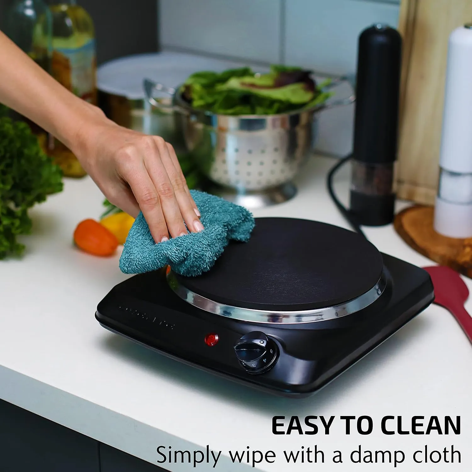 OVENTE Electric Countertop Single Burner, 1000W Cooktop with 7.25 Inch Cast Iron Hot Plate, 5 Level Temperature Control, Compact Cooking Stove and Easy to Clean Stainless Steel Base, Black BGS101B