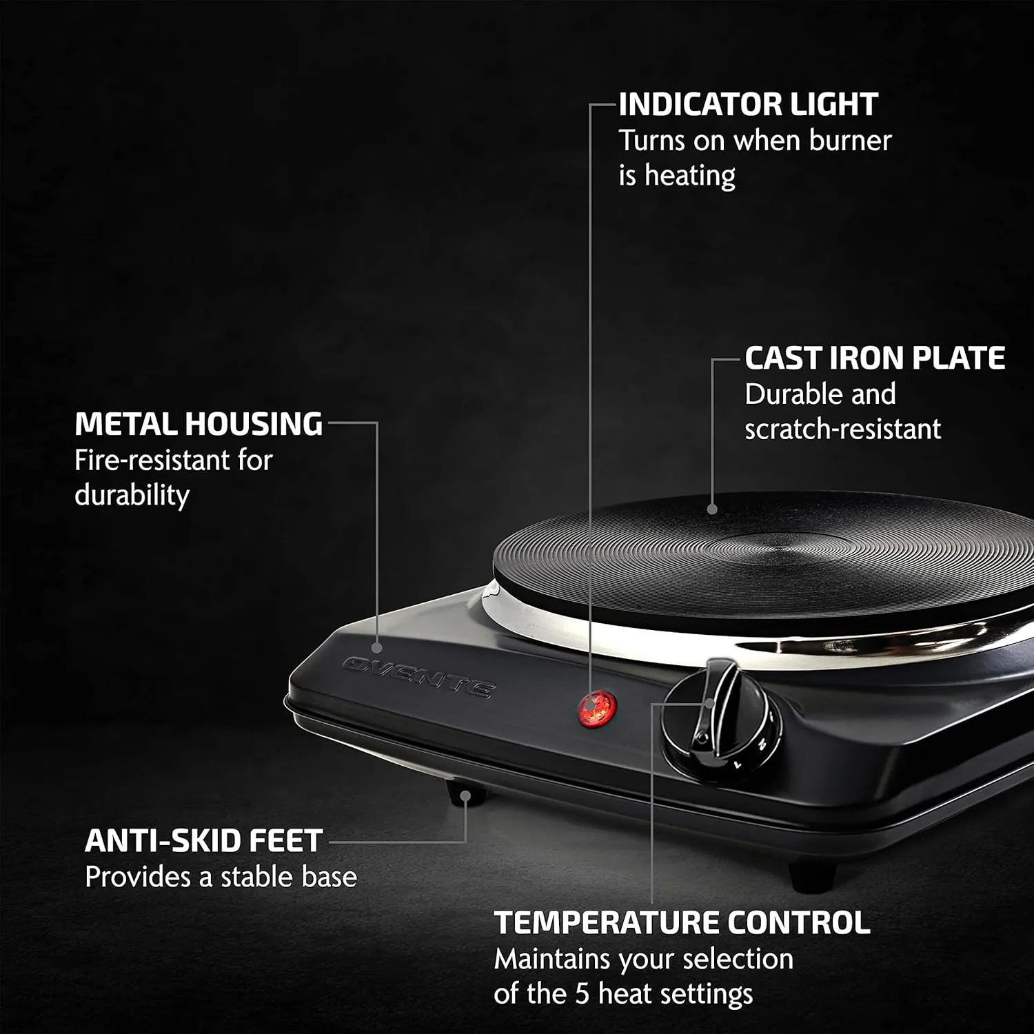 OVENTE Electric Countertop Single Burner, 1000W Cooktop with 7.25 Inch Cast Iron Hot Plate, 5 Level Temperature Control, Compact Cooking Stove and Easy to Clean Stainless Steel Base, Black BGS101B