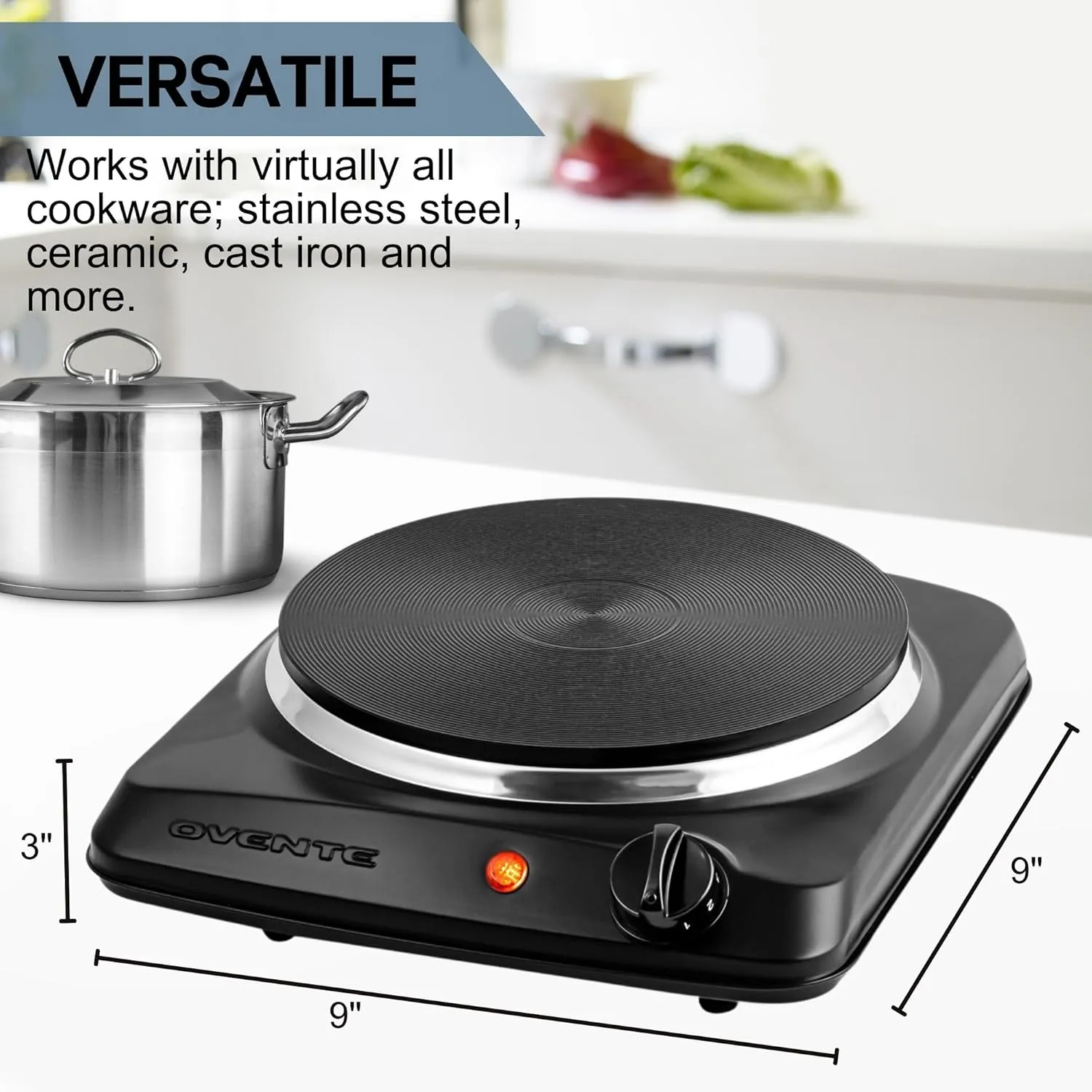 OVENTE Electric Countertop Single Burner, 1000W Cooktop with 7.25 Inch Cast Iron Hot Plate, 5 Level Temperature Control, Compact Cooking Stove and Easy to Clean Stainless Steel Base, Black BGS101B