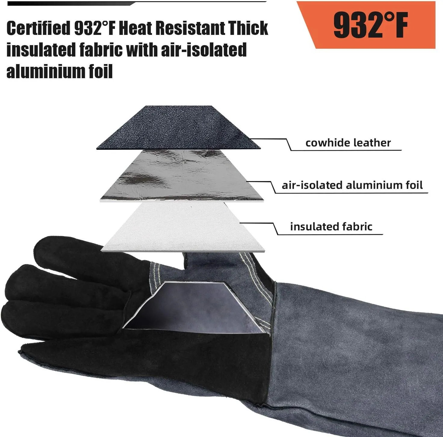 OZERO 932°F Heat Resistant Welding Gloves 16 inches Cowhide Leather - Long Sleeve and Insulated Lining BBQ Glove for Tig Welder/Mig/Grill/Barbecue/Stove Black-gray