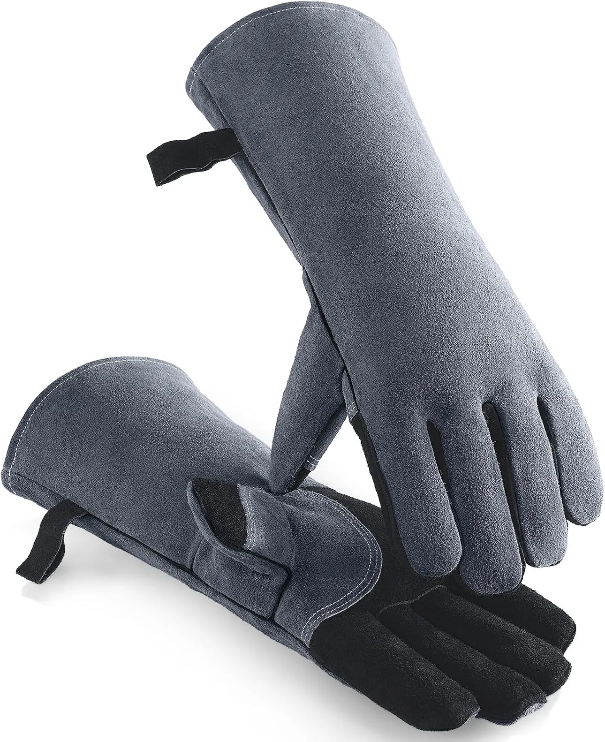 OZERO 932°F Heat Resistant Welding Gloves 16 inches Cowhide Leather - Long Sleeve and Insulated Lining BBQ Glove for Tig Welder/Mig/Grill/Barbecue/Stove Black-gray