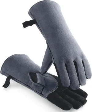 OZERO 932°F Heat Resistant Welding Gloves 16 inches Cowhide Leather - Long Sleeve and Insulated Lining BBQ Glove for Tig Welder/Mig/Grill/Barbecue/Stove Black-gray