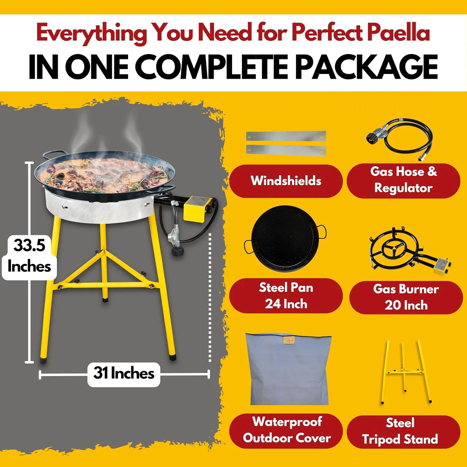 Paella Burner and Stand Set 20 Servings, 24 Inch Paella Pan, Dual Propane Outdoor Stove with Stand & Regulator, Portable Gas Cooker for Camping Crawfish Boil Cooking Outdoor, Paellera Propano