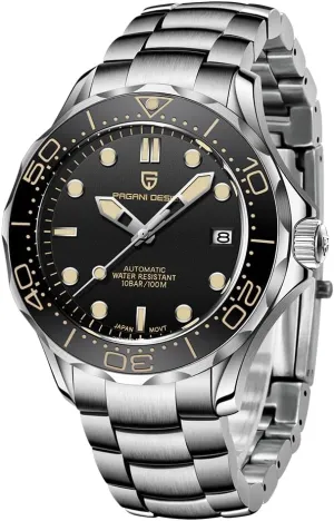 Pagani Design 007-Model Automatic Diving Watches for Men NH35 Movement, Stainless Steel Materials, Rotating Ceramic Bezel, Sapphire Domed Mirror, 100M Waterproof Mechancial Self Winding Wrist Watch