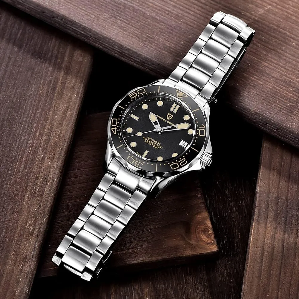 Pagani Design 007-Model Automatic Diving Watches for Men NH35 Movement, Stainless Steel Materials, Rotating Ceramic Bezel, Sapphire Domed Mirror, 100M Waterproof Mechancial Self Winding Wrist Watch