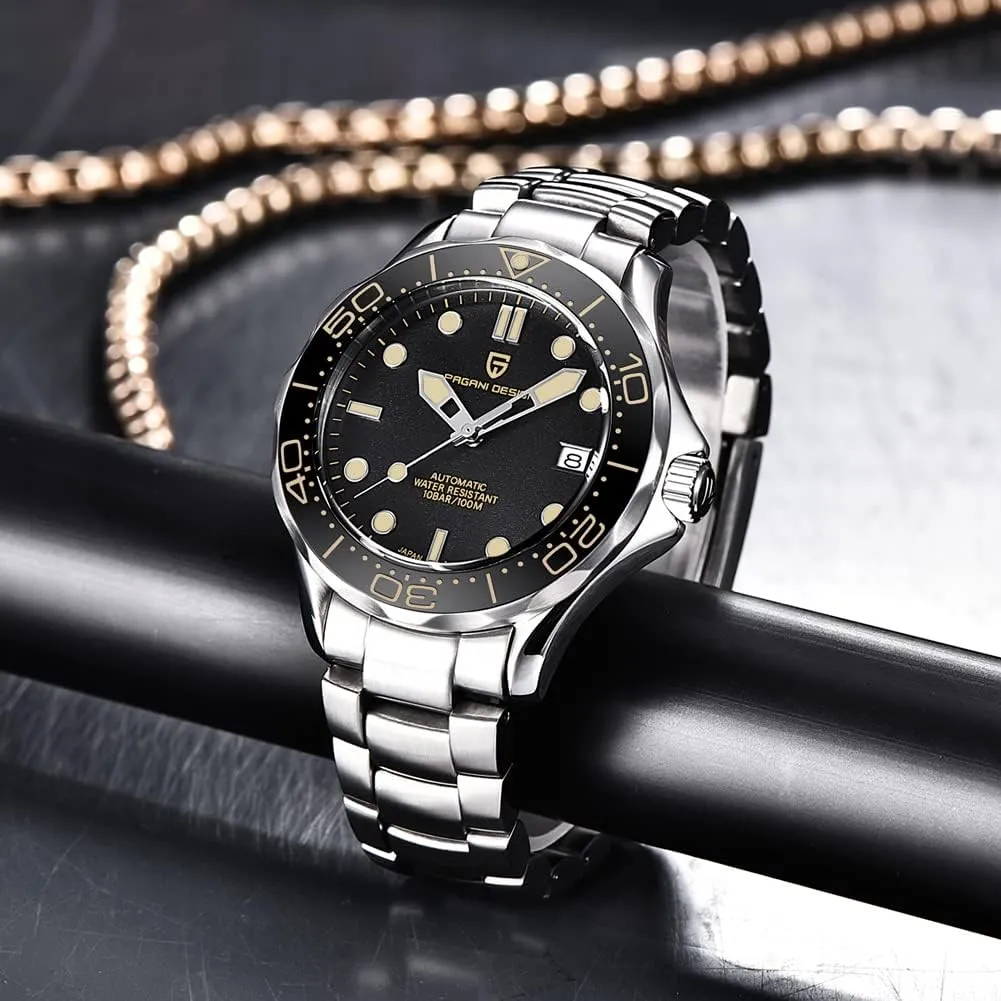Pagani Design 007-Model Automatic Diving Watches for Men NH35 Movement, Stainless Steel Materials, Rotating Ceramic Bezel, Sapphire Domed Mirror, 100M Waterproof Mechancial Self Winding Wrist Watch