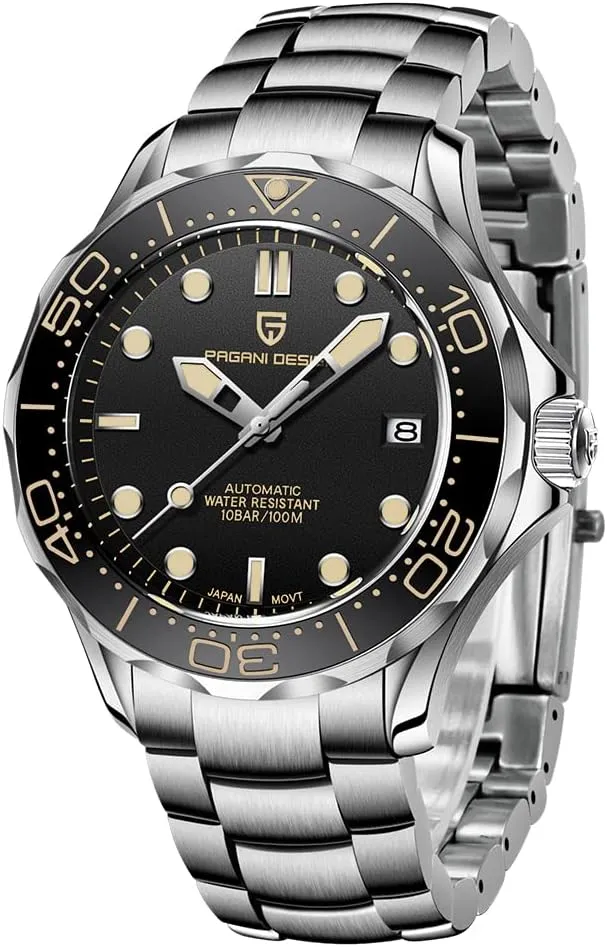 Pagani Design 007-Model Automatic Diving Watches for Men NH35 Movement, Stainless Steel Materials, Rotating Ceramic Bezel, Sapphire Domed Mirror, 100M Waterproof Mechancial Self Winding Wrist Watch