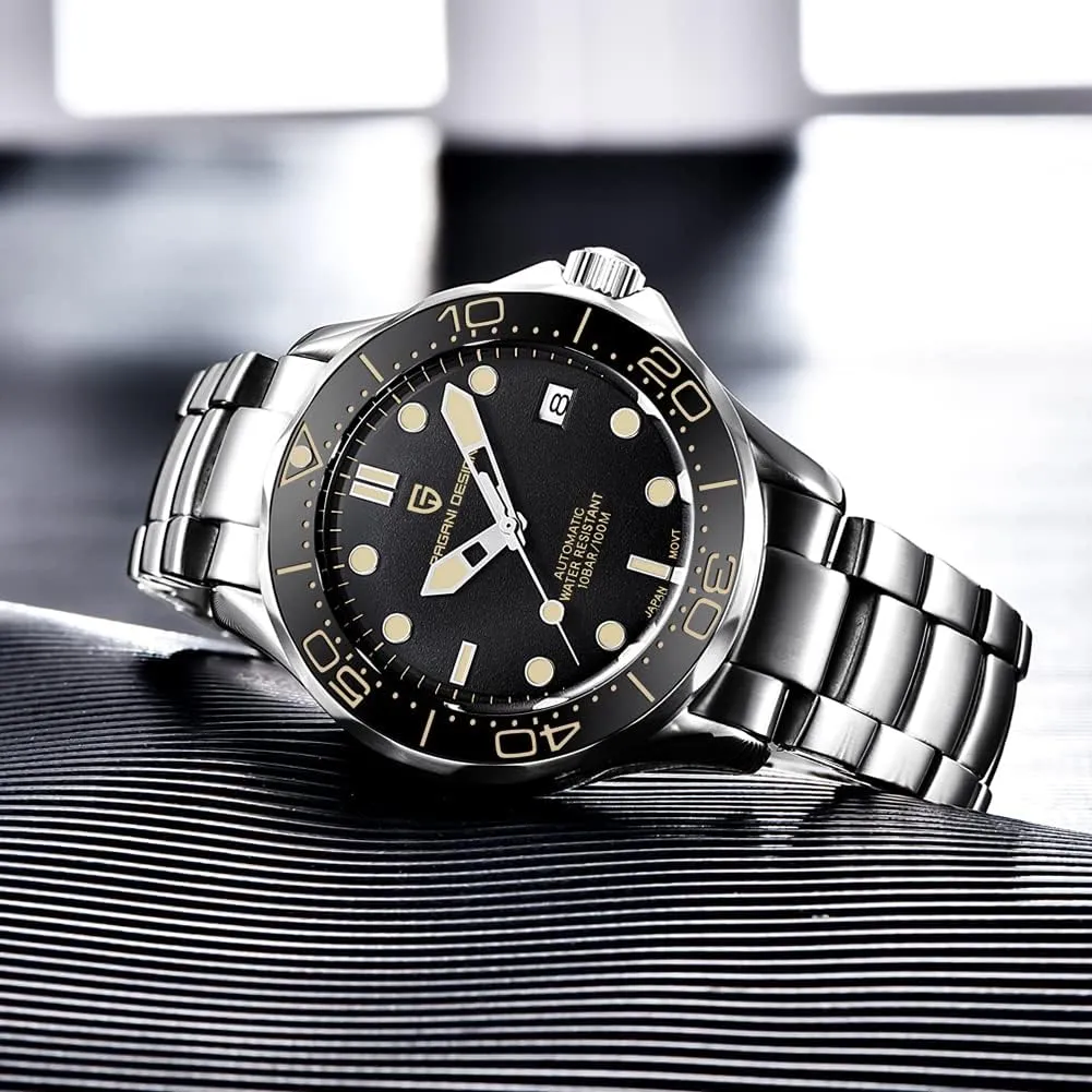 Pagani Design 007-Model Automatic Diving Watches for Men NH35 Movement, Stainless Steel Materials, Rotating Ceramic Bezel, Sapphire Domed Mirror, 100M Waterproof Mechancial Self Winding Wrist Watch